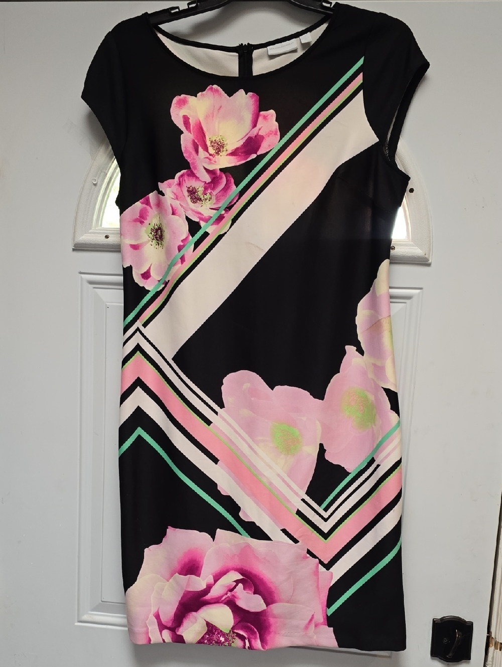 New York & Company Black Floral Mini Dress with Pink & Green Accents